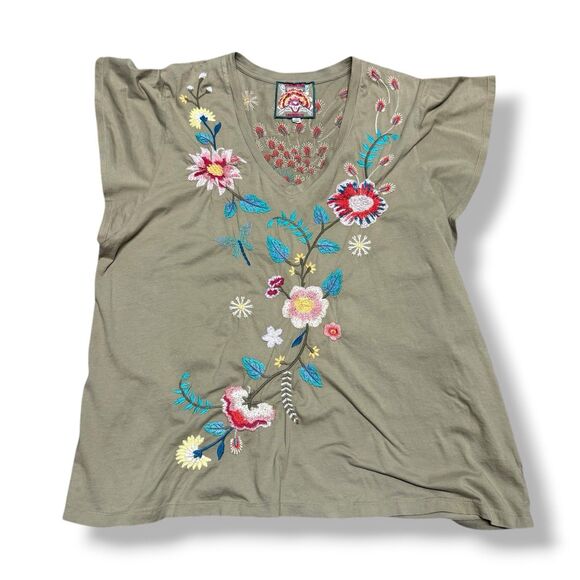 JOHNNY WAS JWLA Top Womens Grace Flutter Tee XL Green Peacock Emroidered Floral - Picture 2 of 7